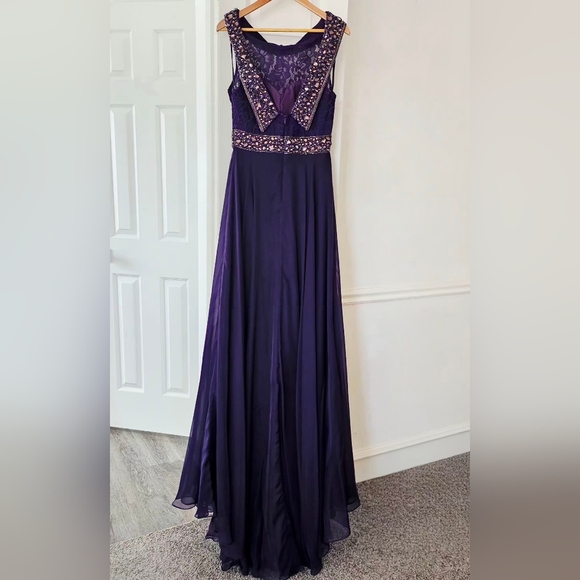mac duggal purple prom dress Purple Embellished Flutter Sleeve Evening Gown
